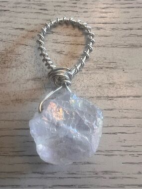 Sterling Wire-Wrapped Iridescent Raw Crystal Pendant Ring
